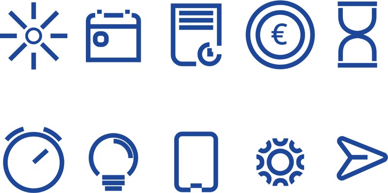 10 Icons in dicken dunkelblauen Linien mit weißem Hintergrund: Sonne, Kamera, Urkunde, Münze, Sanduhr, Wecker, Glühbirne, Handy, Zahnrad, Cursorpfeil