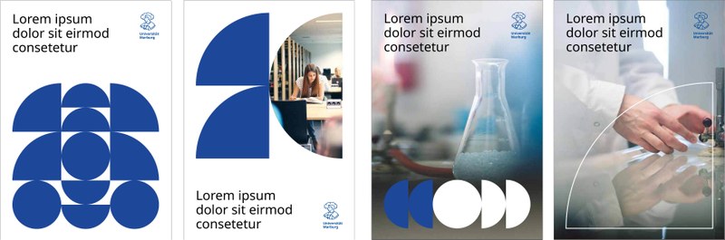 Beispiele für Anwendungen: 1. verschiedene Kreisformen kombiniert 2. zwei blaue Viertelkreise übereinander, daneben ein Foto in Form eines Halbkreises 3. Foto, im unteren Teil zwei blaue Halbkreise, ein weißer Kreis, zwei weiße Halbkreise 4. Foto mit einem nicht gefüllten Viertelkreis (nur Rahmenlinie). Klick öffnet vergrößerte Ansicht