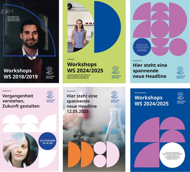Beispiele für Titelgestaltungen: Fotos mit verschiedenen Kreiselementen (gefüllt und nicht gefüllt, Outline-Variante) in unterschiedlichen Farben und Anordnungen. Klick öffnet vergrößerte Ansicht