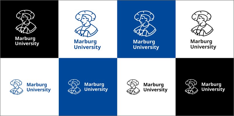 englische Variante des Hauptlogos und des Logos in der Sondervariante: stilisierter Philipp mit Schriftzug Marburg University. Klick öffnet vergrößerte Ansicht