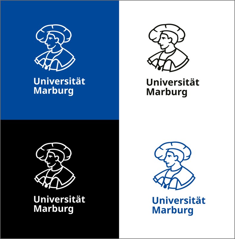 Ansicht des Hauptlogos: stilisierter Philipp, darunter der Schriftzug Universität Marburg. Klick öffnet vergrößerte Ansicht
