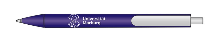Gestaltungsbeispiel: Blauer Kugelschreiber mit Aufdruck des Logos in der Sondervariante. Klick öffnet vergrößerte Ansicht