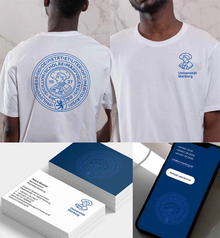 Beispiele: Siegel auf T-shirt, Visitenkarte, Darstellung Web. Klick öffnet vergrößerte Ansicht