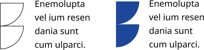 Beispiele (Klick öffnet vergrößerte Ansicht) links: zwei ungefüllte Viertelkreise (Outline) übereinander, daneben vier Zeilen Text (bündiger Abschluss von Grafik und Text) rechts: zwei dunkelblau gefüllte Viertelkreise übereinander, daneben vier Zeilen Text (bündiger Abschluss von Grafik und Text)