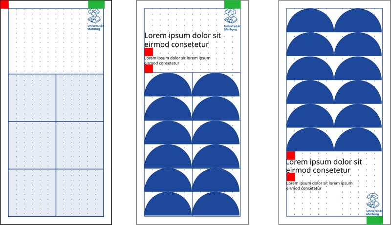 Gestaltungsraster für Titelseiten von Flyern. Beschreibung nach der Grafik. Klick öffnet vergrößerte Ansicht