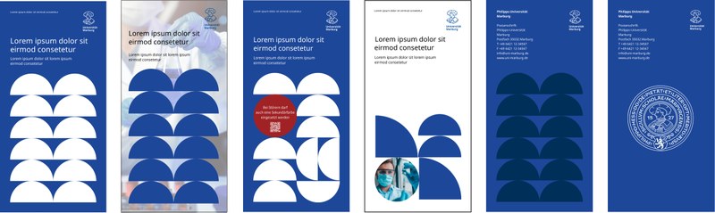 Beispiele für Titel- und Rückseiten in Markenstufe 1. Beschreibung nach der Grafik. Klick öffnet vergrößerte Ansicht