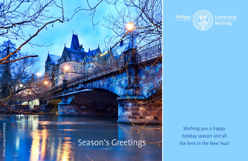 Christmas card:  View of the Weidenhäuser Bridge and the Old University in Marburg. Text: Season's Greetings.  Wishing you a happy holiday season and all the best in the new year! (click to enlarge)