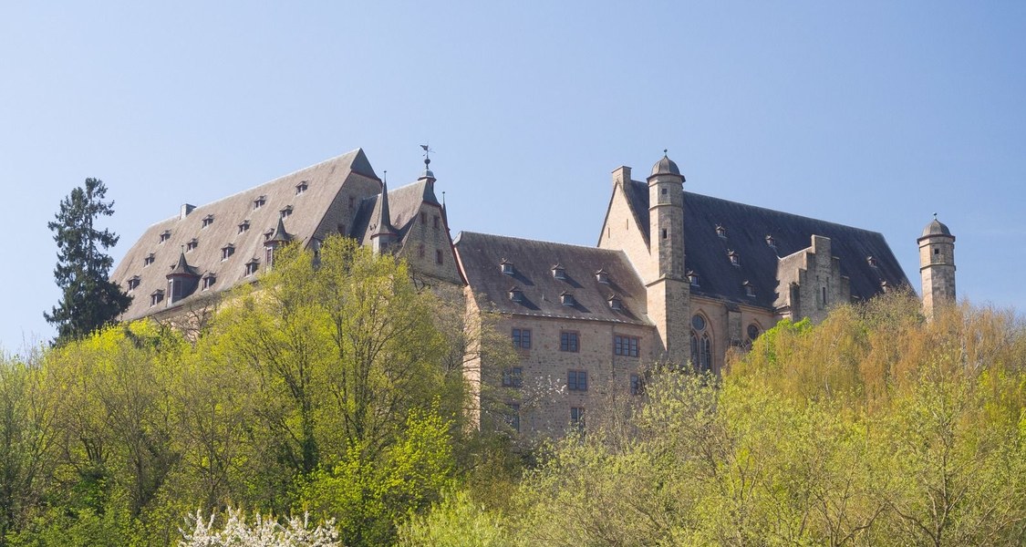 Landgrafenschloss hinter frühlings-grünen Bäumen