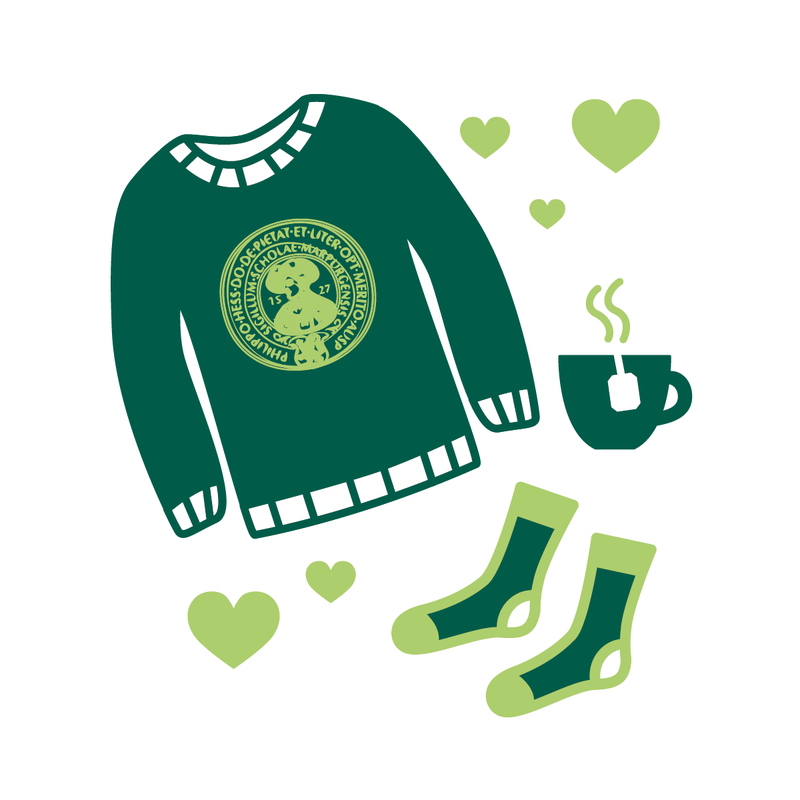 Symbole: Pullover mit Aufdruck Philipps-Universität Marburg, Teetasse, Socken, Herzen