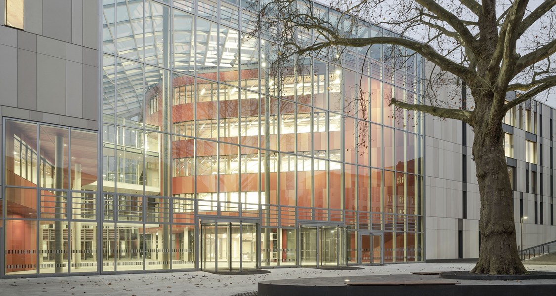 Blick auf die beleuchtete Universitätsbibliothek im Herbst