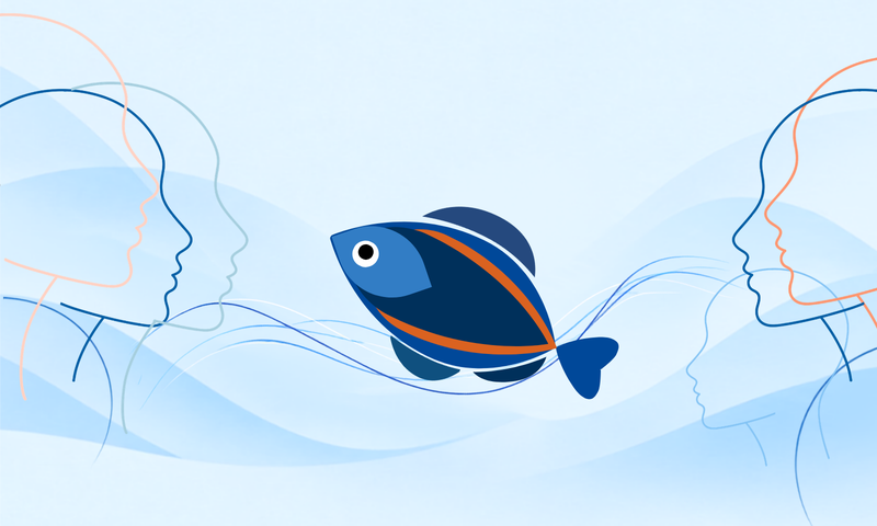 Illustration eines stilisierten Fisches zwischen menschlichen Profilen, die durch geschwungene blaue Linien miteinander verbunden sind. Die Fischfigur symbolisiert den Austausch und die Verständigung zwischen unterschiedlichen Perspektiven und Fachkulturen.