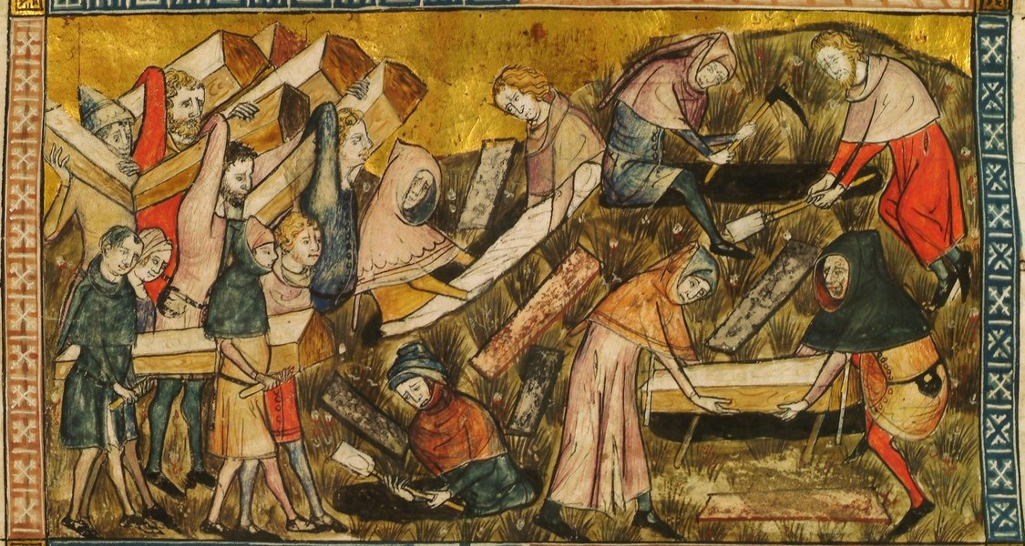 Miniatur aus illuminiertem Manuskript aus dem 14. Jahrhundert mit zahlreichen Opfern der Beulenpest