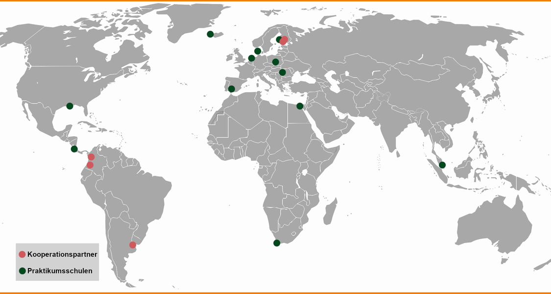 Weltkarte mit den verschiedenen Praktikumsschulen im Ausland.