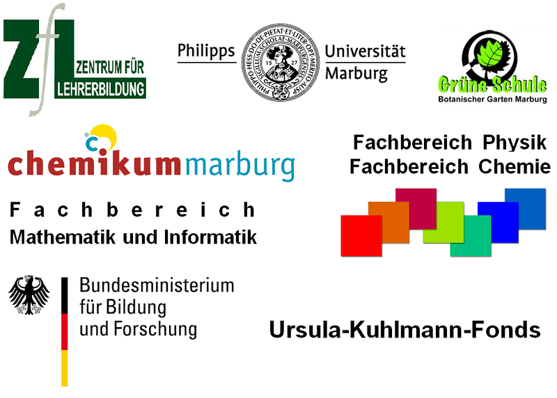 Logos der verschiedenen Sponsoren von der MINT Summer School: Zentrum für Lehrerbildung, Philipps-Universität Marburg, Grüne Schule Botanischer Garten Marburg, Fachbereich Physik, Fachbereich Chemie, Fachbereich Mathematik und Informatik, Chemikum Marburg, das Projekt Für ein richtig gutes Studium, Bundesministerium für Bildung und Forschung und Ursula-Kuhlmann-Fonds.