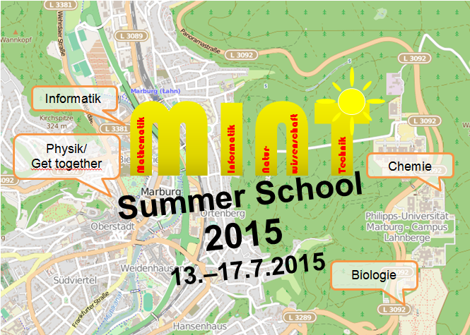 Lageplan der Fachbereiche Informatik, Physik, Chemie und Biologie. Darüber der Schriftzug: MINT Summer School 2015.