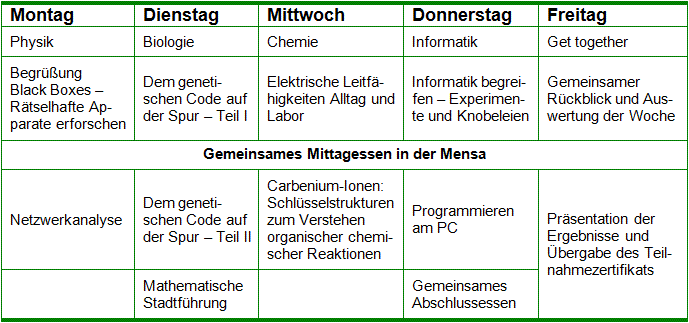 Ablaufplan der MINT Summer School 2015