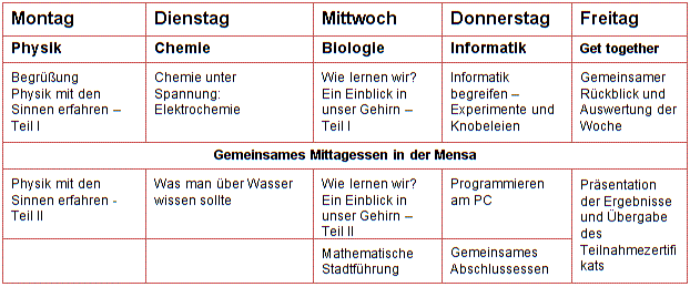 Ablaufplan der MINT Summer School 2016