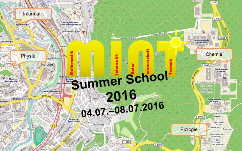 Ein Lageplan der verschiedenen Fachbereiche Informatik, Physik, Chemie und Biologie. Darüber der Schriftzug: MINT Summer School 2016