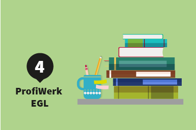 Etappe 4: ProfiWerk EGL; ein Schreibtisch mit einem Bücherstapel und einem Stiftebecher.