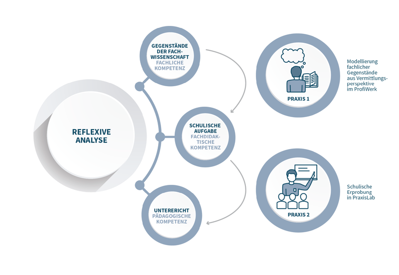 Darstellung der im vorangegangenen Text beschriebenen reflexiven Analyse, wobei eine Integration von Fachlichkeit und Professionalisierung durch die zwei Praxisphasen stattfindet.