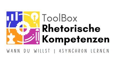 Logo und Schriftzug "Toolbox Rhetorische Kompetenzen" (Wann du willst. Asynchron Lernen)