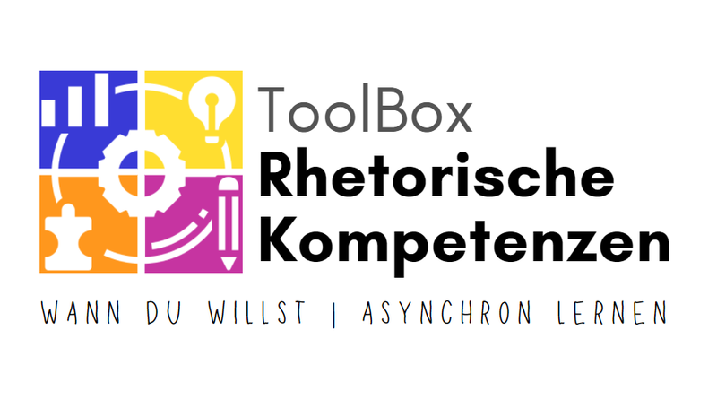 Logo und Schriftzug "Toolbox Rhetorische Kompetenzen" (Wann du willst. Asynchron Lernen)