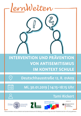 Poster zur LernWelten-Veranstaltung "Intervention und Prävention von Antisemitismus im Kontext Schule".