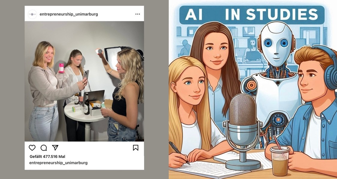 You can see two different covers. The first one shows three girls promoting a product. The second cover is generated with AI, you can see three students making a podcast.