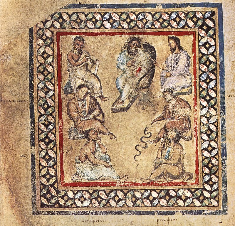Picture showing the "galenos group", a depiction of seven physicians from the Vienna Dioscorides from around 512 (Codex medicus graecus 1, fol. 3. verso). Galenos is depicted in the middle at the top of the picture. Clockwise you will find the pictures of Pedanios Dioscorides, Nicandros with a snake, Ruphos of Ephesos, Andreas, Apollonios and Krateuas.