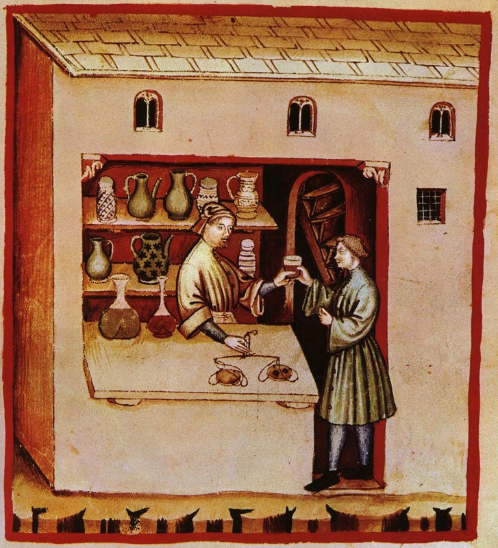 Scene from a tacuinum sanitatis. A medieval handbook mostly regarding to health topics. The scene depicts a merchant and a customer in the merchant's shop. It represents an aspect of daily life.
