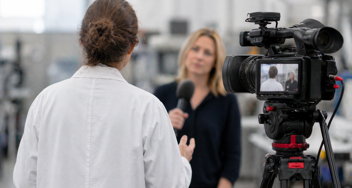 Scientist in fron of a camera