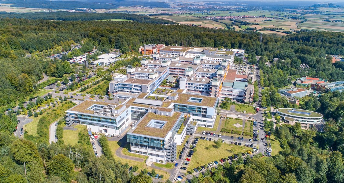 Aerial view of UKGM Marburg viewed from the west