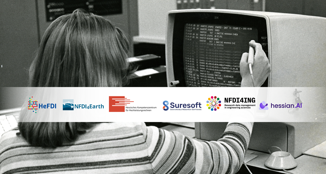 Programming person in combination with Logos from HeFDI, NFDI4Earth, NFDI4Ing, HKHLR, hessian.AI