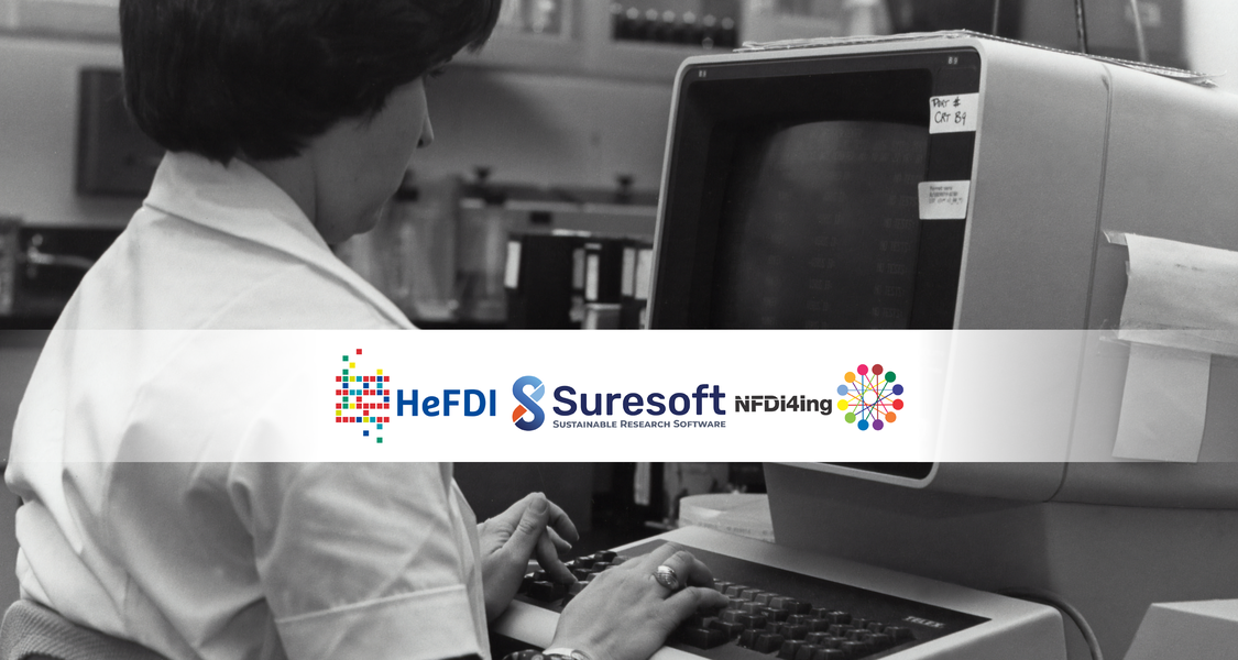 Picture showing a woman in front of a computer. The logos of HeFDI, Suresoft (sustainable research software) and NFDI4Ing are in the foreground .