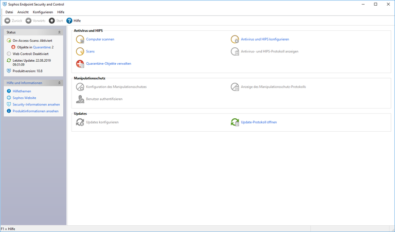 Benutzeroberfläche von Sophos Anti-Virus