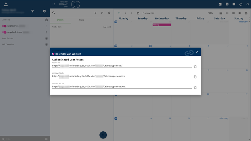 Webmail dialog showing CalDAV links