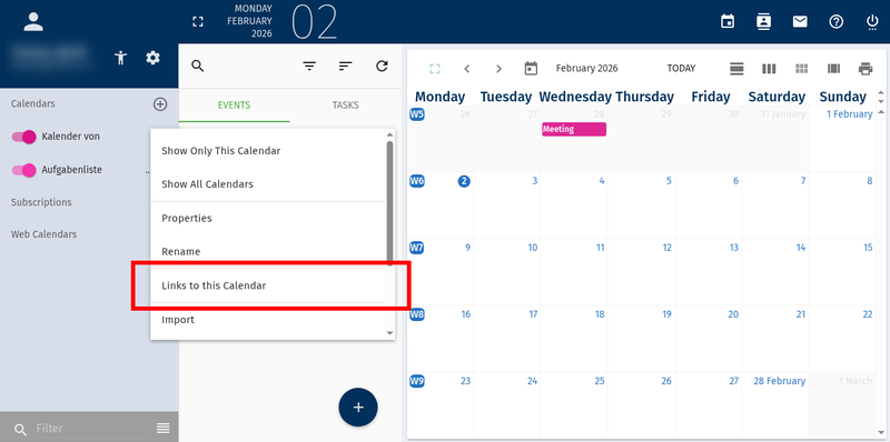 Webmail calendar settings with "Link to this calendar" button