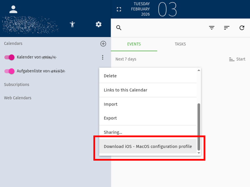 In the context-menu of address books and calendars, webmail offers a Mac profile to download