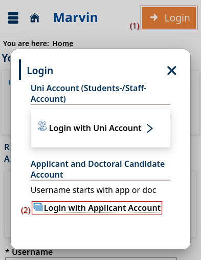 The login dialog in the Marvin Portal is open and offers two options: First, "Login with Uni Account" for students and staff. Second, in the section for Applicant and Doctoral candidate Accounts, the option "Login with Applicant Account" (Note: Username begins with app or doc). This second option is highlighted.