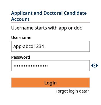 Login form for Applicant and Doctoral Candidate Accounts. Note: Username starts with app or doc. "Username" field with the example value "app-abcd1234." "Password" field (characters hidden, with an option to show them). "Login" button. "Forgot login data?" link.