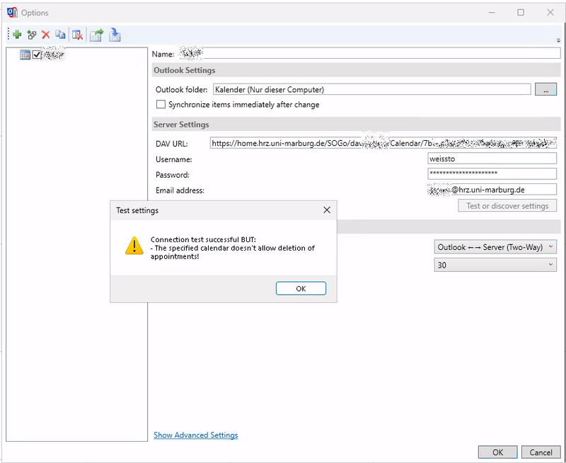 Settings for synchronizing SOGo WebDAV calendars in Outlook Classic.