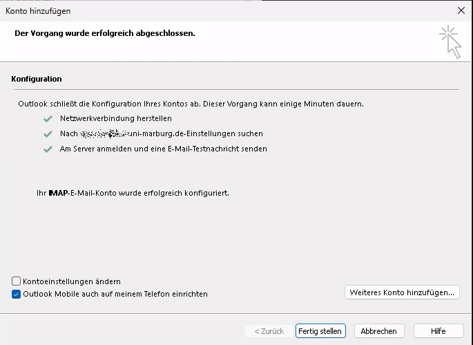 The server settings are usually determined automatically; you only need to confirm with "Finish."