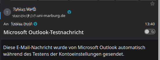 Outlook test email that arrives in the inbox after successful account setup.