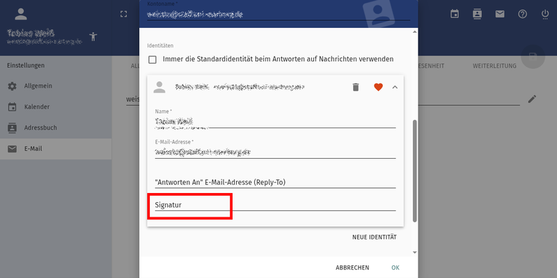 Webmail identity settings with signature