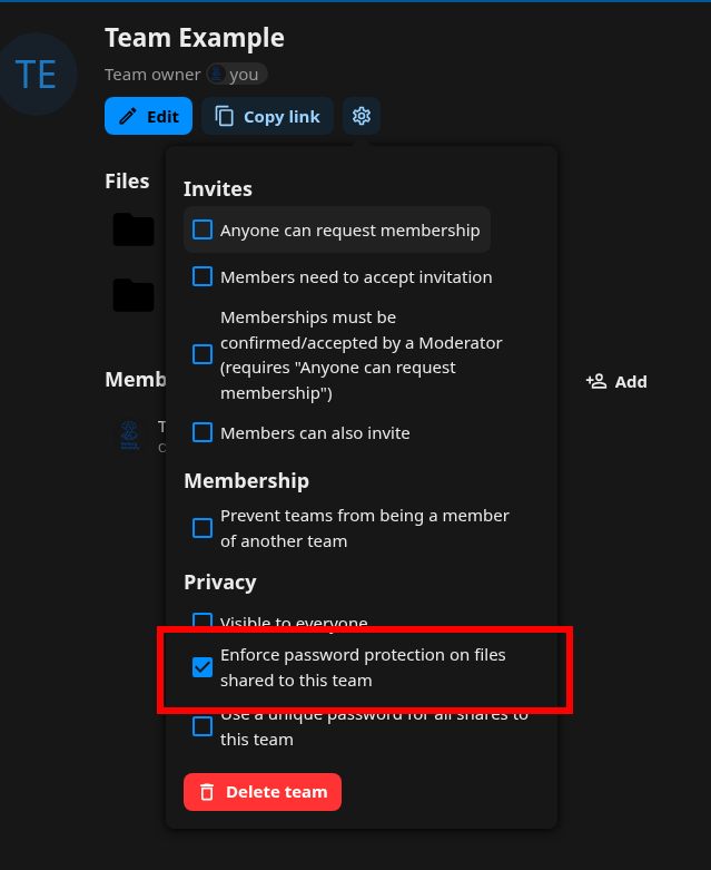 Enforce password protection for a team in the next.hessenbox.