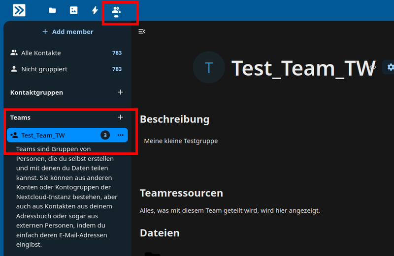 Teams are in the contacts tab of the next.hessenbox.