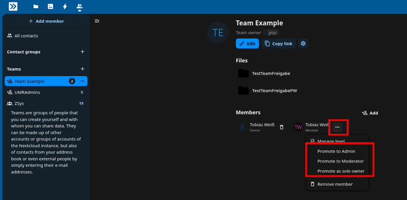 Context menu for a team member in the next.hessenbox.