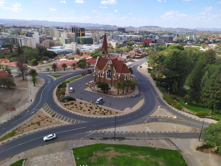 Christuskirche (Christ Church) in Windhoek from a bird's eye view