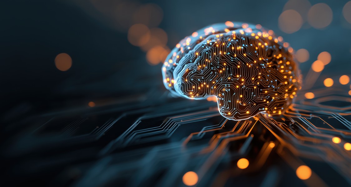 An abstract illustration of a glowing brain formed from circuit traces on a dark background