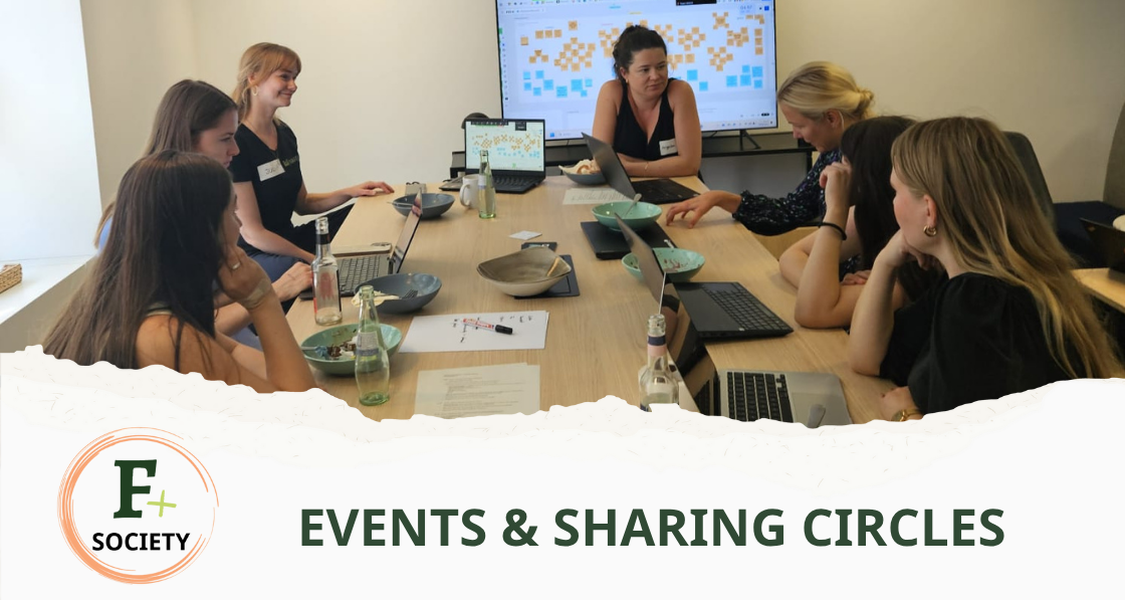 People sitting around a table. At the bottom of the picture is a banner with the text: Events & Sharing Circles